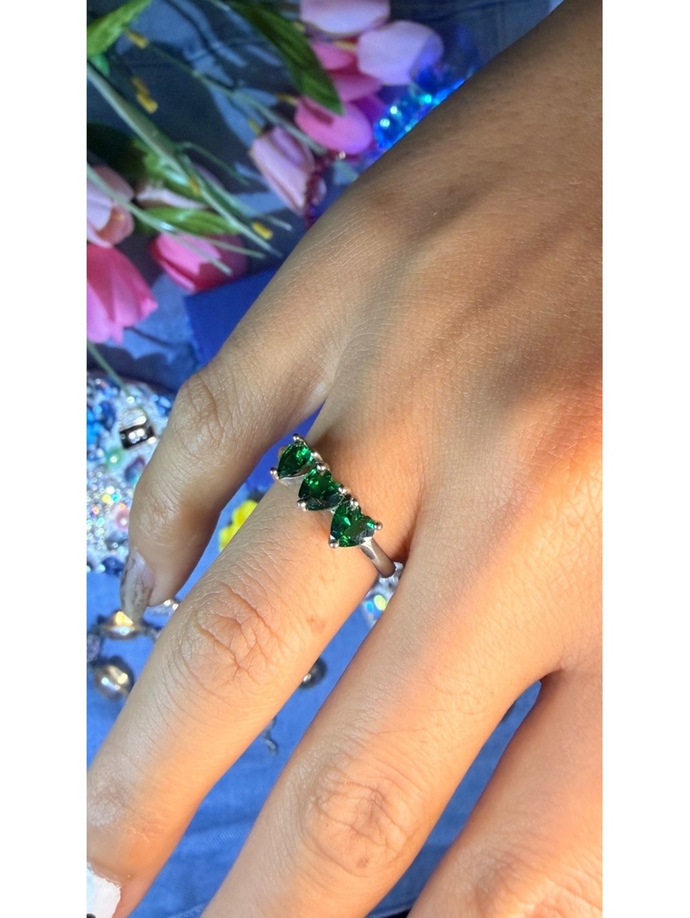 Sterling Silver 925 solid Ring with Three Green Heart-Shaped Gemstones